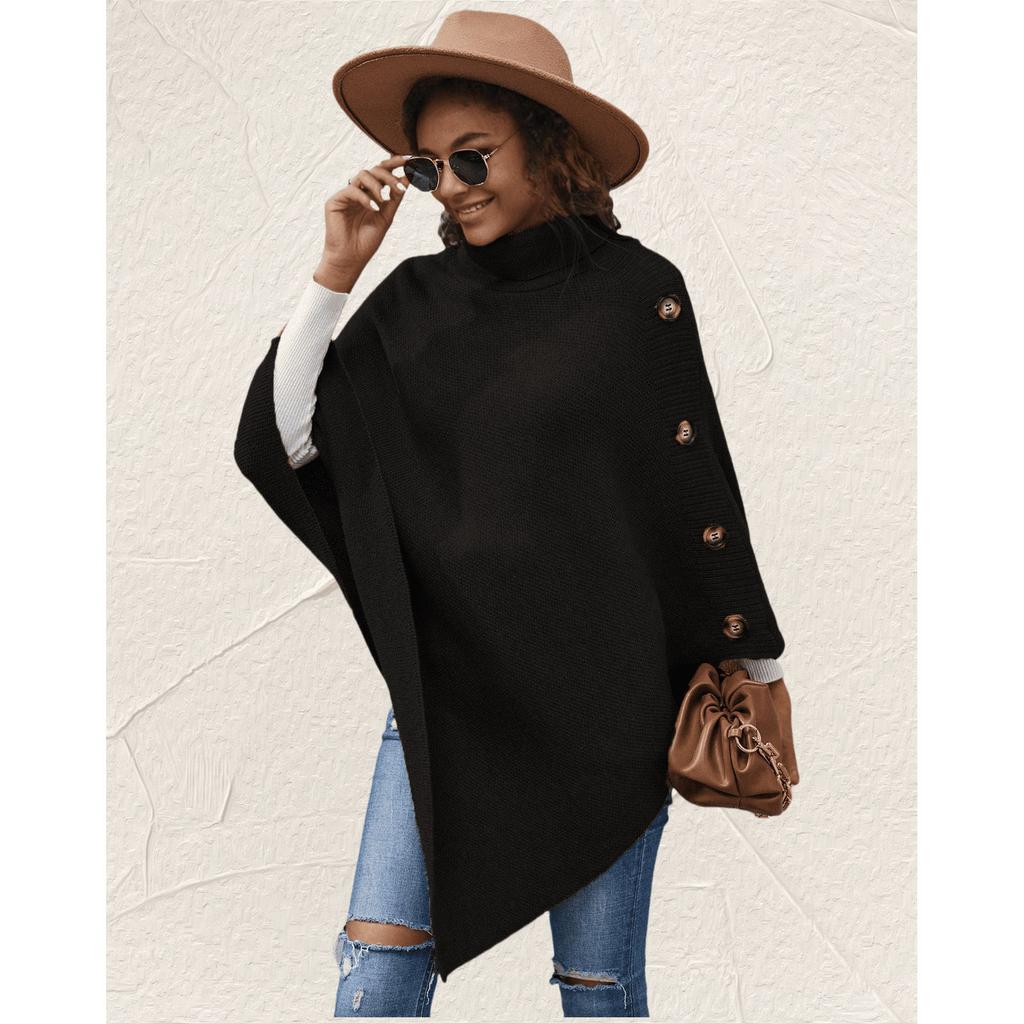 Autumn Winter Shawl Cloak Sweater Solid Color Turtleneck Oversized Cape Coat Female Ponchos Pullover Knitted Bat Sleeve Top