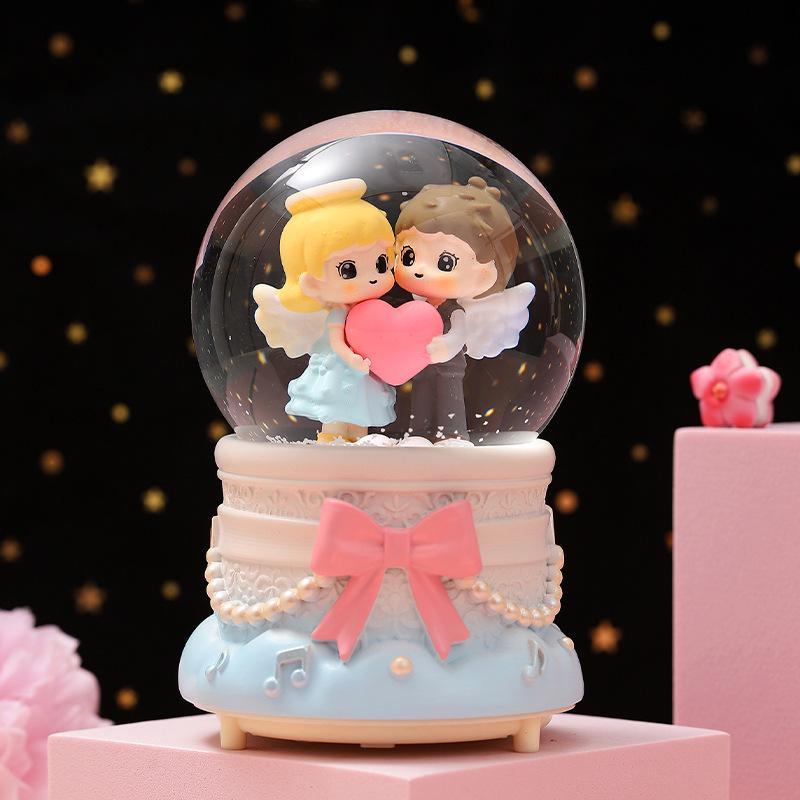 Cartoon Couple Crystal Ball Resin Snow Globe Music Box Toy