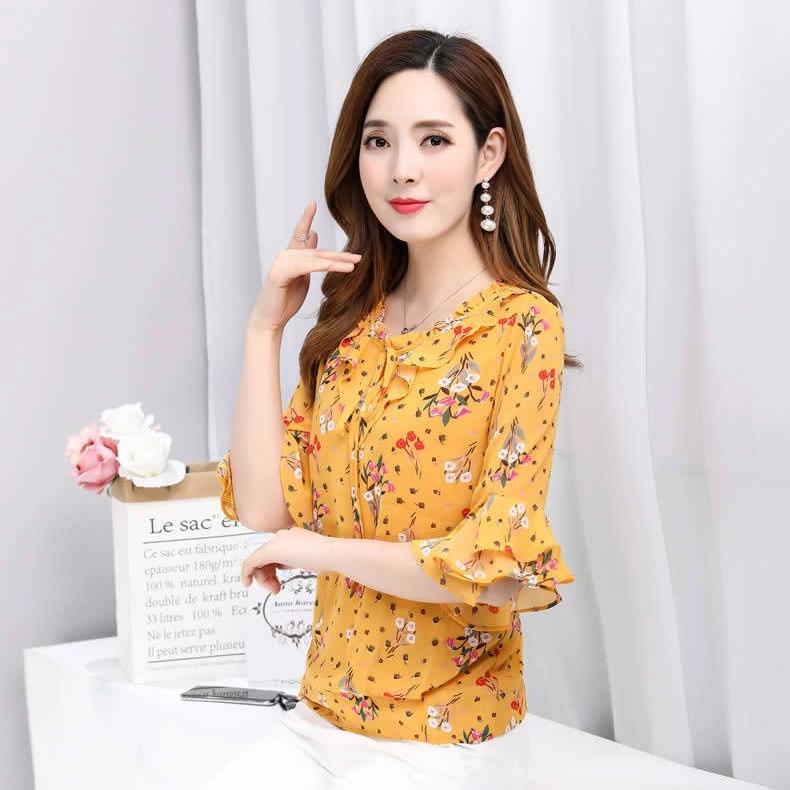 New Half Sleeve Blouse for Women's Clothing Floral Chiffon Shirt Bow Ruffled Pullovers Top S-5XL