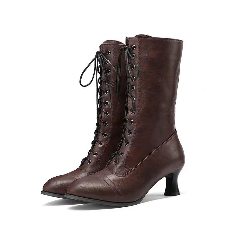 2026 European and American Style Autumn and Winter Lace Up Low Heeled Women's Mid Leg Round Toe Women's Single Boots
