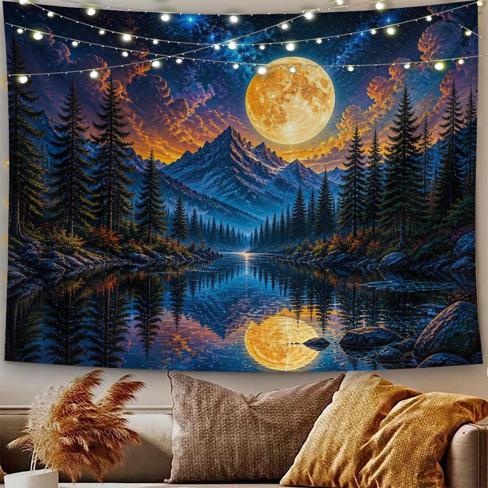 2D Flat - 2D Flat - 2D Flat Print 1pc Tapestry Moonlit Mountain Lake Tapestry Starry Sky Reflections Fantasy Wall Hanging Wall Hanging for Living Room
