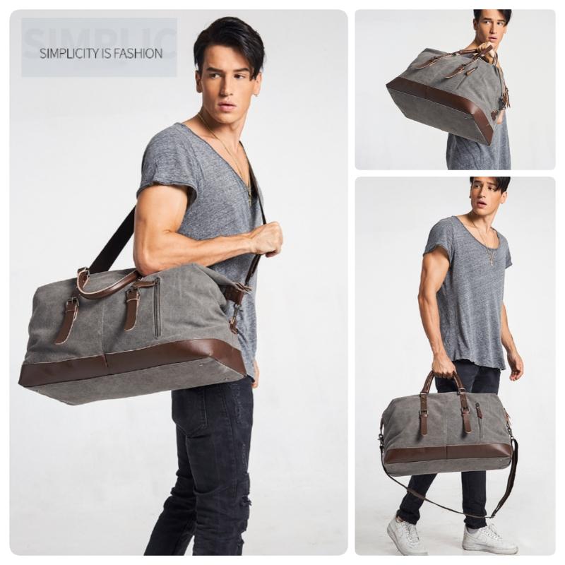 Simple Men Canvas Travel Bag PU Leather Outdoor Sports Gym Fitness Bag Large Capacity Multiple Pockets Handbag Weekend Carry On Duffel Bag