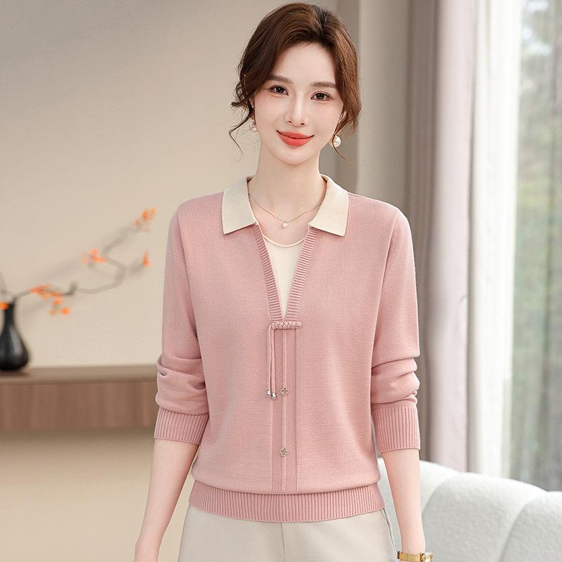 Elegant Spring-Autumn Faux Two-Piece Knit Top for Young, Middle-Aged, and Elderly Women