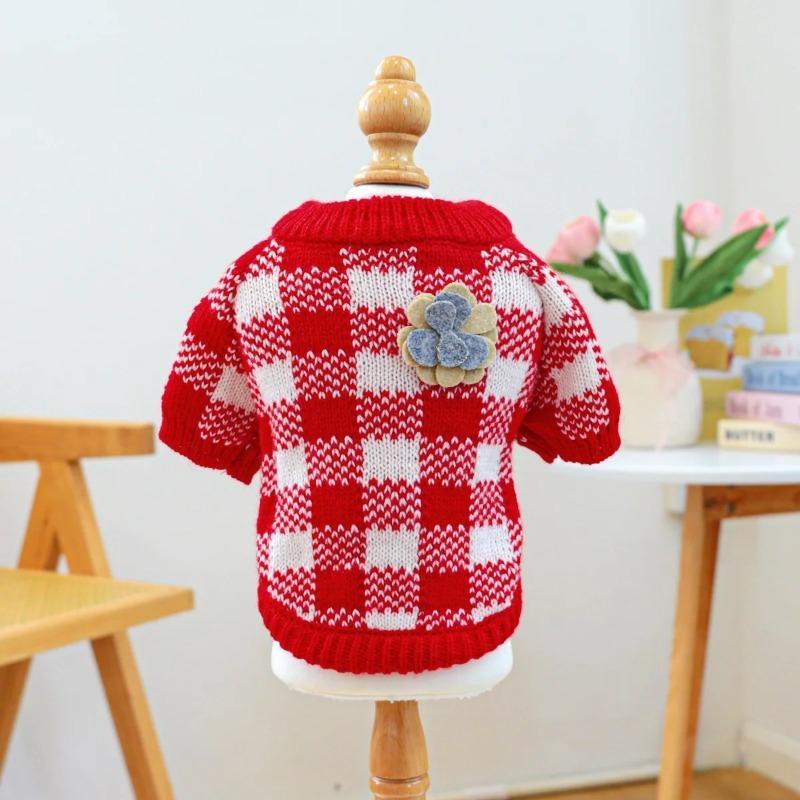 1PC Red and White Plaid with Flower Sweater Pet Clothes Dog Cat Autumn Thickened Warm Jumper