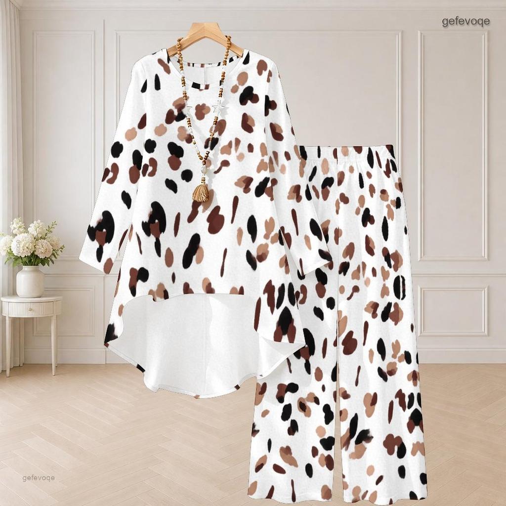 Plus Size Women Abstract Printed Two Piece Set Round Neck Long Sleeve High Low Top Wide Leg Pants