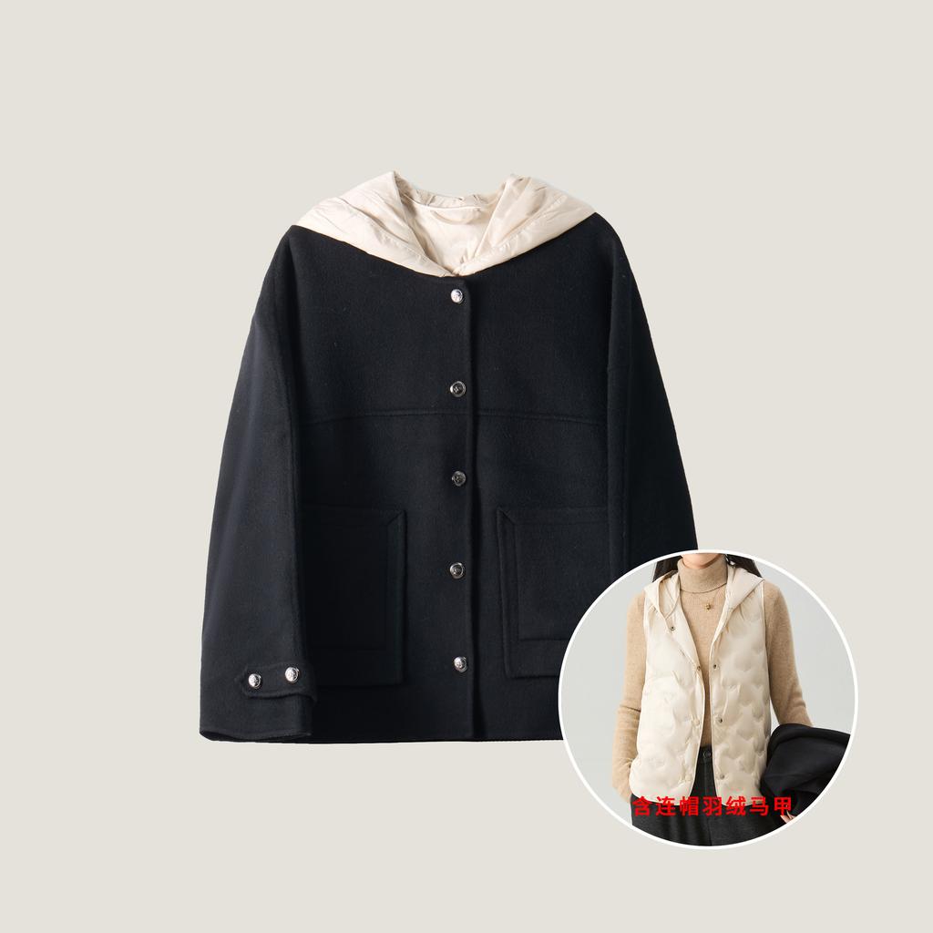 Anti-season Double-sided Coat Wool Cashmere Gold Buckle Women's Coat with Casual Hooded Vest Two-piece Set