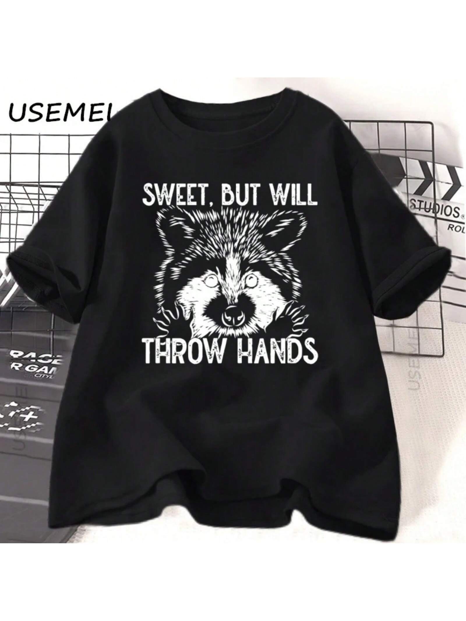 Sweet But Will Throw Hands T-Shirt Funny Raccoon T Shirt Vintage Graphic Tee Humorous Cotton Short Sleeve Loose Tshirt Oversized S разноцветный