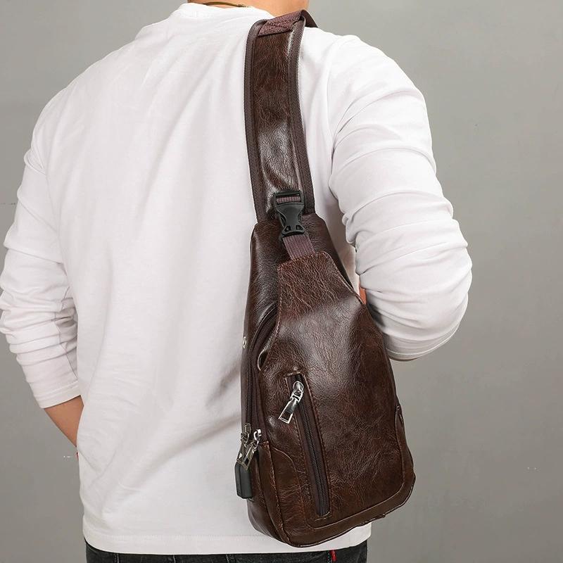 Waterproof PU Chest Bag with USB Port, Casual Travel Sling Bag Perfect Christmas Gift