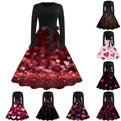 Women's Casual Fashion Round Neck Valentine's Day Printed Retro Dress