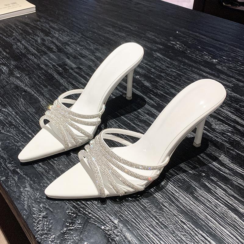 Fashion Summer Stiletto Slippers Women Fashion Pointed Open Toe Crystal Thin Ribbon Hollow-out Anti-slip Wear-resistant High Heels