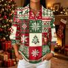 Women's Casual Christmas Print Button Down Top with Notched Collar and Three-Quarter Sleeves