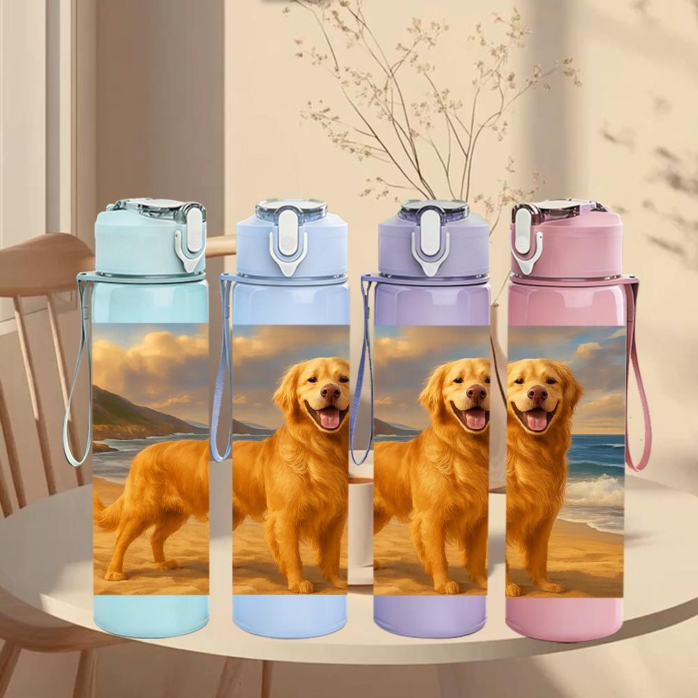 1PC Golden Retriever Beach Scene Print 750ml Color Plastic Sports Water Bottle Leakproof Flip Straw Lid Suitable for Sports Office Home Use