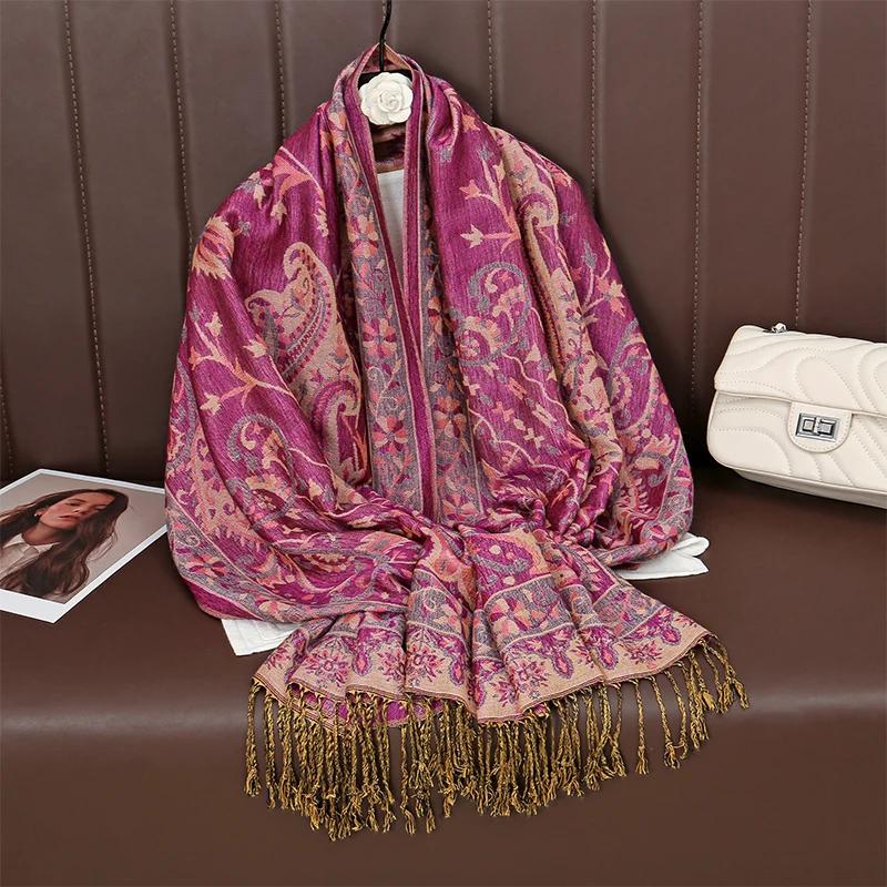 Bohemia Ethnic Style Women Scarf Retro Jacquard Thick Cashmere Tassel Shawl Winter Warm Muslim Hijab Wrap Pashmina
