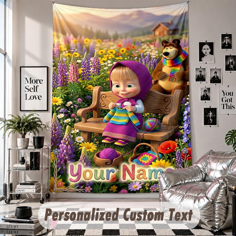 Wall Hanging Tapestry With Custom Name & Text, Masha and the Bear Decorative Tapestry For Bedroom