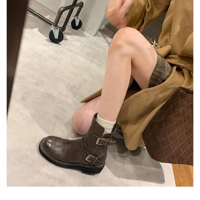 ~ One-word Buckle with Thick-bottomed Washed Shrinkage Horse Leather, Thin Short Boots for Women