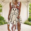 Women Plus Size Scoop Neck Sleeveless A Line Long Dress Halloween Bear Pumpkin Printed