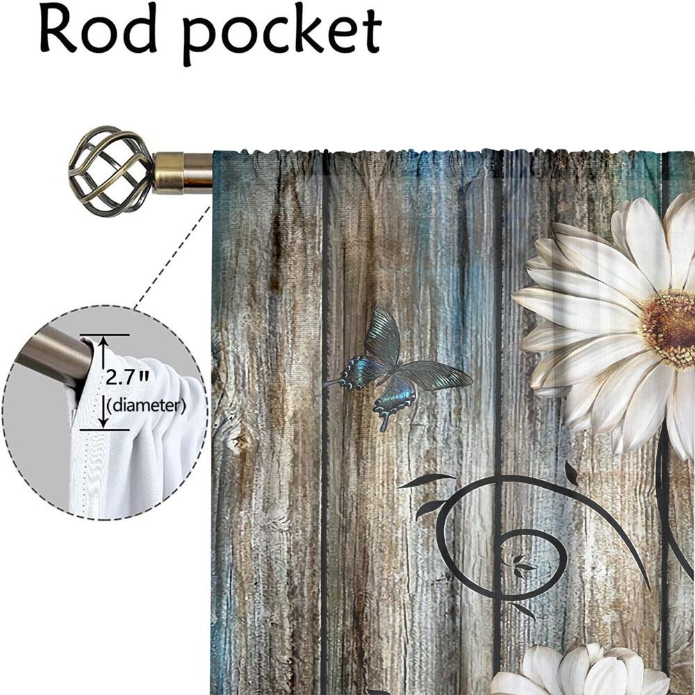 2Pcs Rustic Floral Curtains Vintage Wood Grain Daisy Butterfly Pattern Living Room Bedroom Balcony Sunshade Decor Curtains