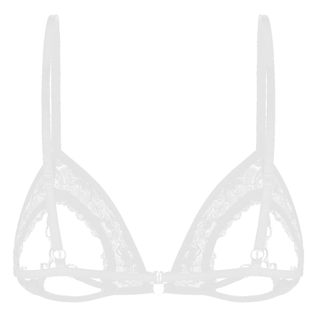 Top de Sutiã de Renda Transparente Feminino Alças Finas Ajustáveis Design de Copa Aberta Detalhe de Anel de Metal no Busto