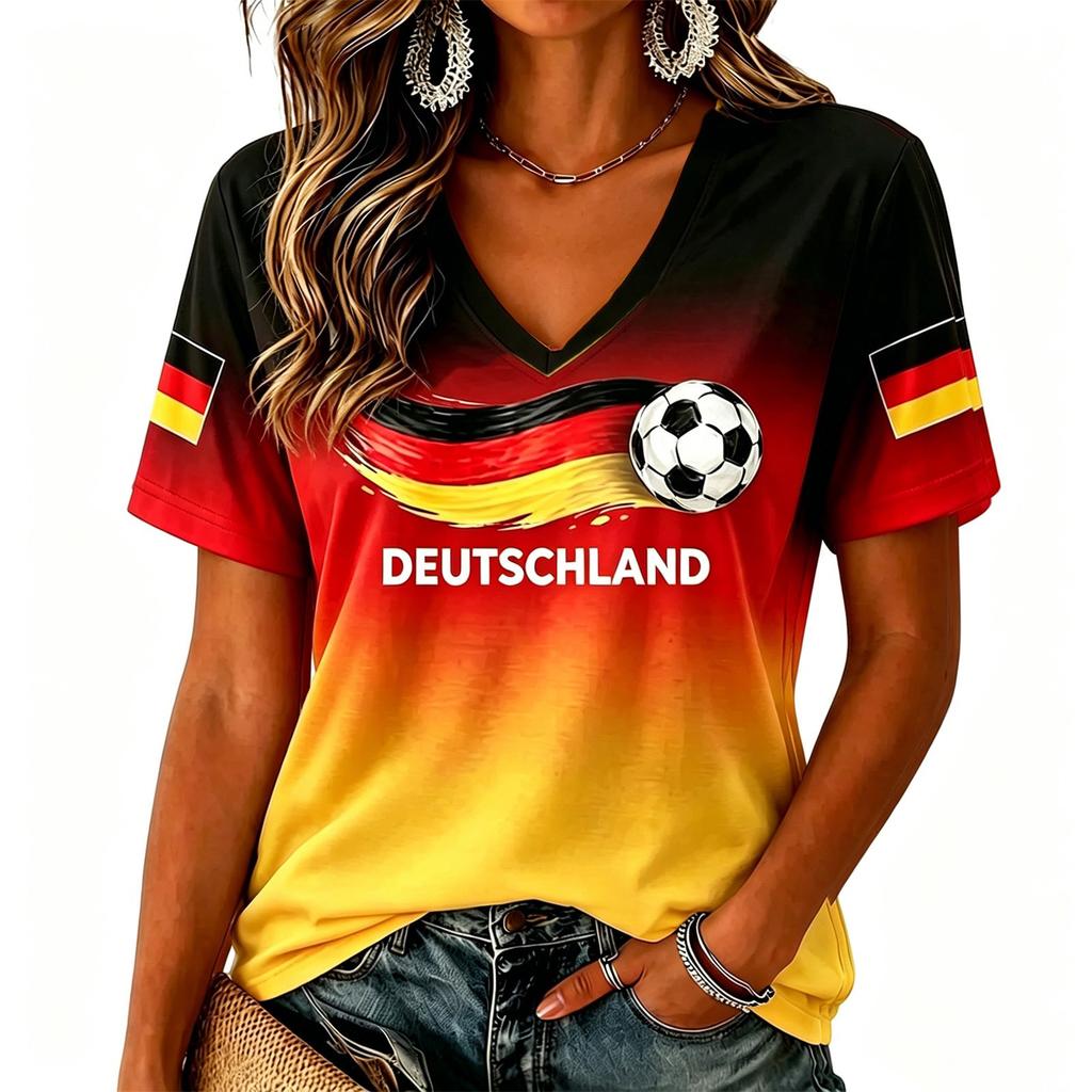 Women's V Neck Short Sleeve T Shirt Soccer Themed Graphic Print Germany Football Inspired Casual Tee for Everyday Wear