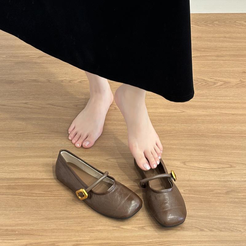 

Sheepskin version~ Genuine leather flat-bottomed square head shallow mouth Mary Jane shoes women s 2025 new one-word belt versatile commuter shoes 39