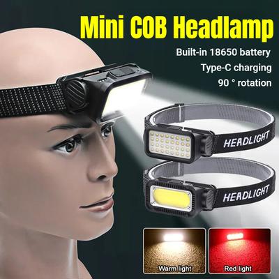 Potente mini linterna frontal COB tipo C con carga, súper brillante, 300 lm, 18650, para camping, emergencias, impermeable.