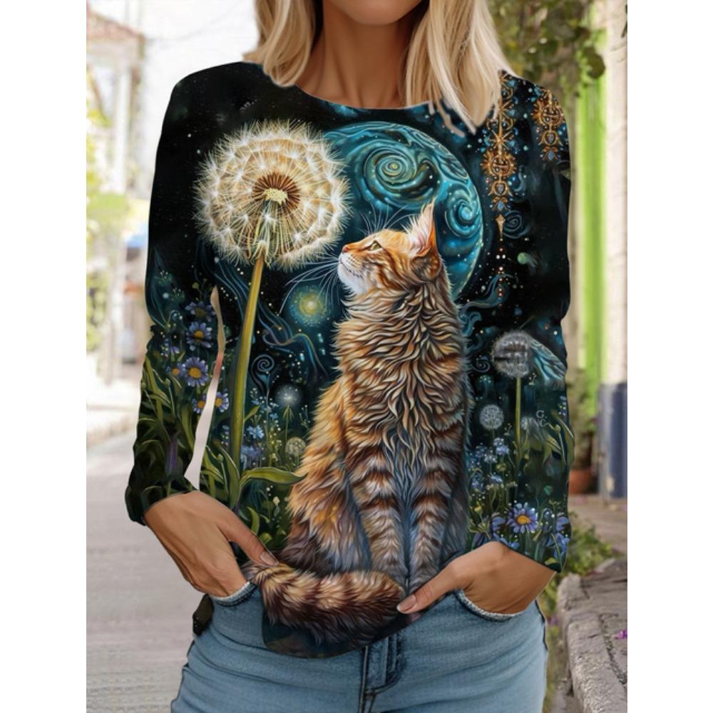 Hanorac de damă designer gât rotund mânecă lungă modă casual drăguț pisoi model animal imprimeu topuri