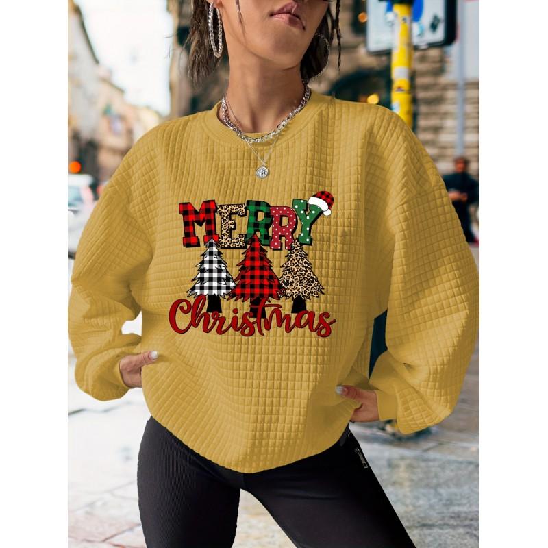 Womens Round Neck Pullover Sweatshirt With 3D Christmas Tree Print Casual Comfort Fit 2025