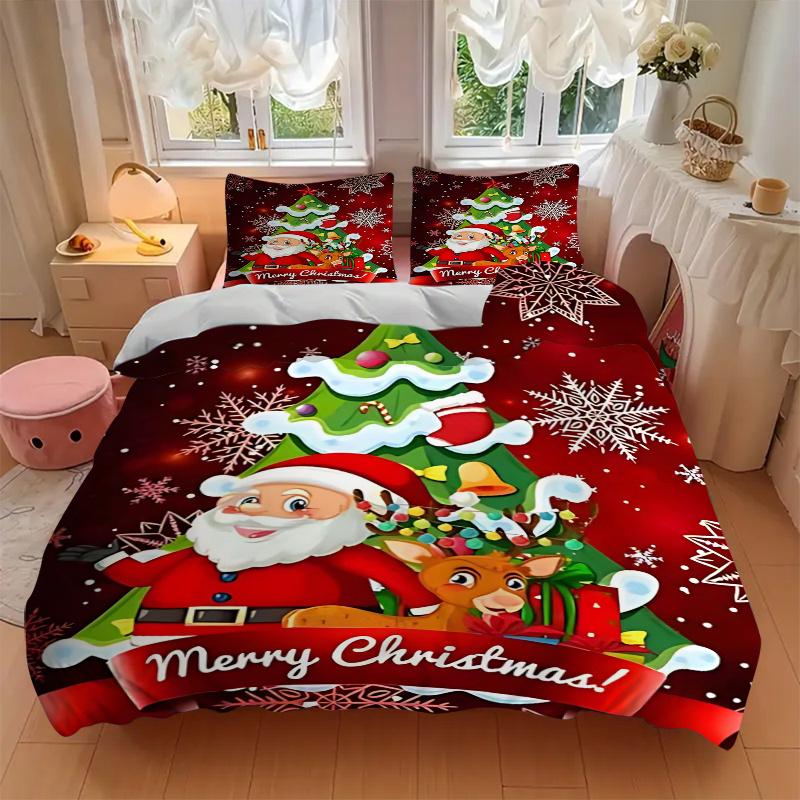 3pcs Merry Christmas! Santa Claus & Reindeer Bedding Set, Includes 1 Quilt Cover and 2 Pillowcases (No Core), Festive Gift for Bedroom