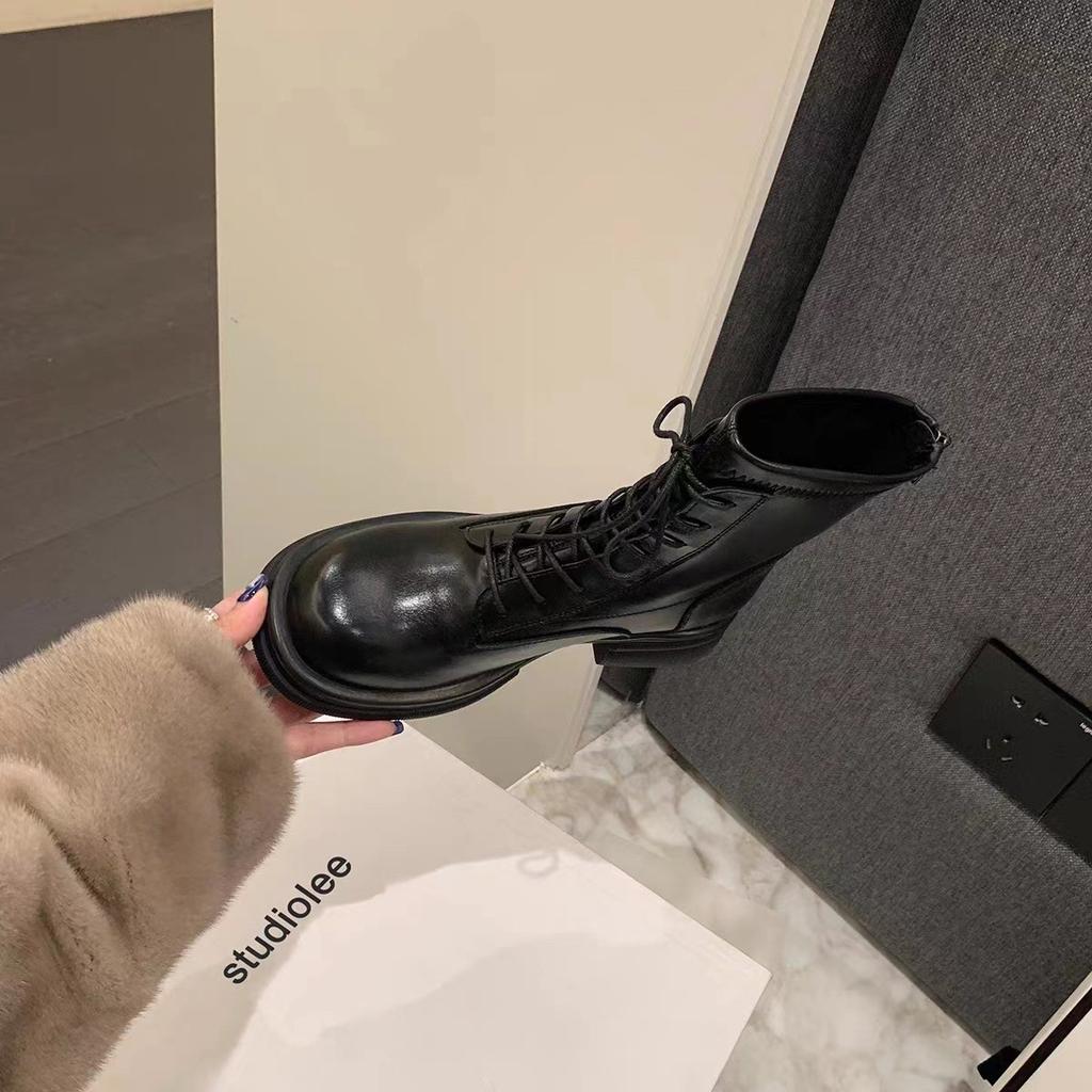 Cowhide grape mother same British style mid-tube boots thick-soled round head lace-up elastic fashion short boots women's Martin boots