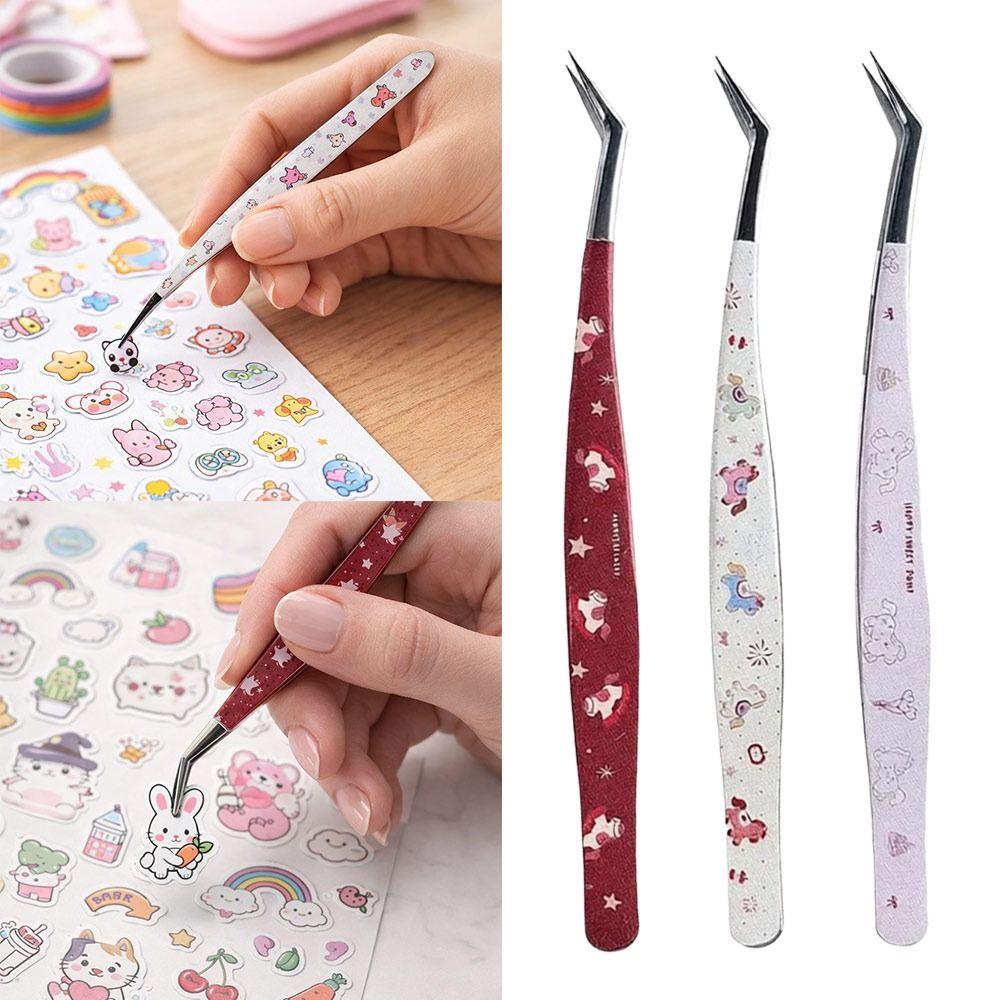 Stainless Steel Curved Stickers Tweezers High Precision Anti-static False Eyelash Tweezers Cartoon Eyelash Curler