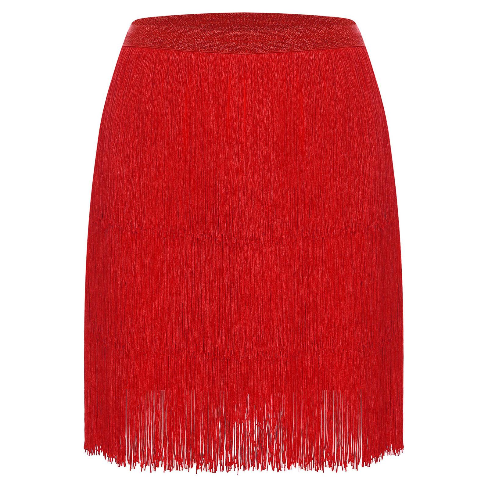 

Women Latin Dance Skirt Elastic Waist Tiered Ruffles Tassel Detail Salsa Tango Stage Performance Costume L червоний