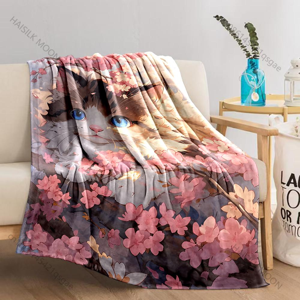 Multiple sizes Cat hiding in cherry blossoms Blanket Suitable for Home Bedroom Sofa Travel Camping Blanket Various Sizes Gifts