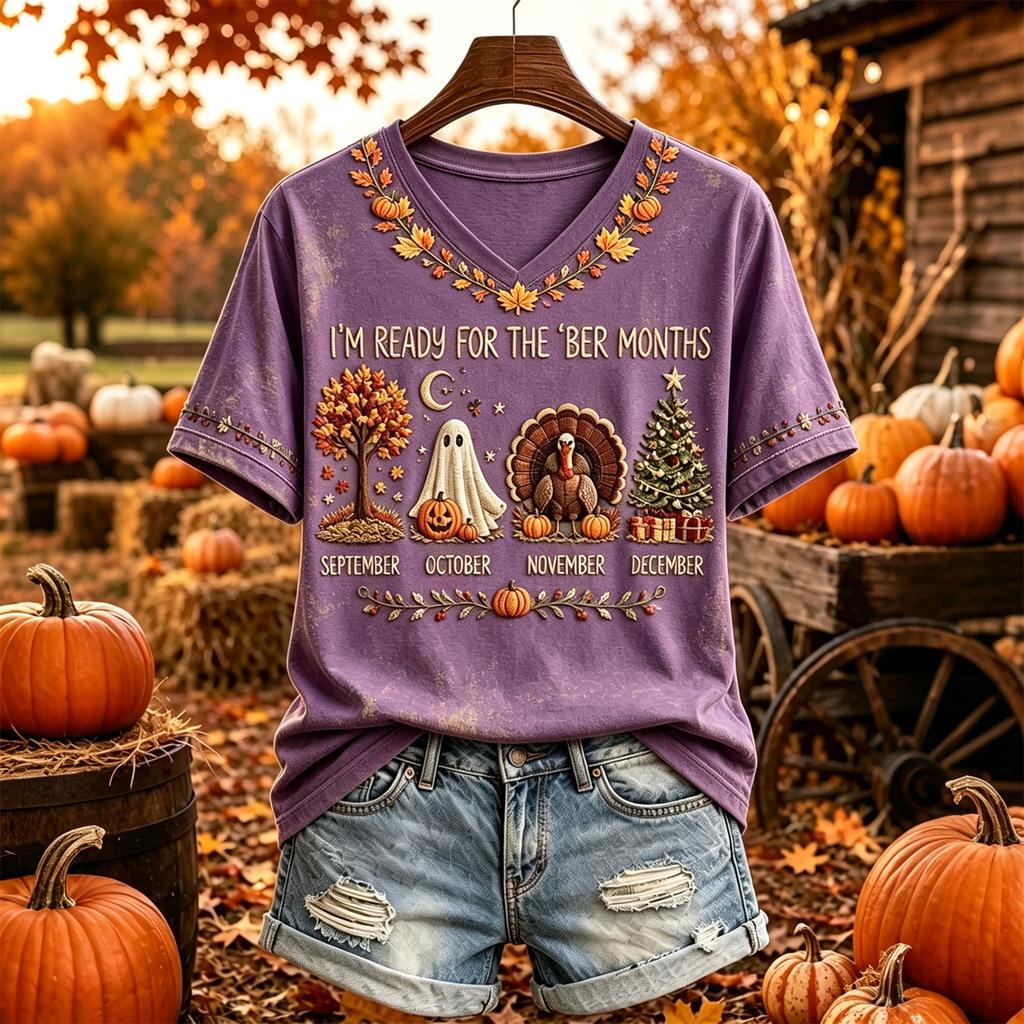 Women's Casual V-Neck Short Sleeve Pullover Top with Thanksgiving Print