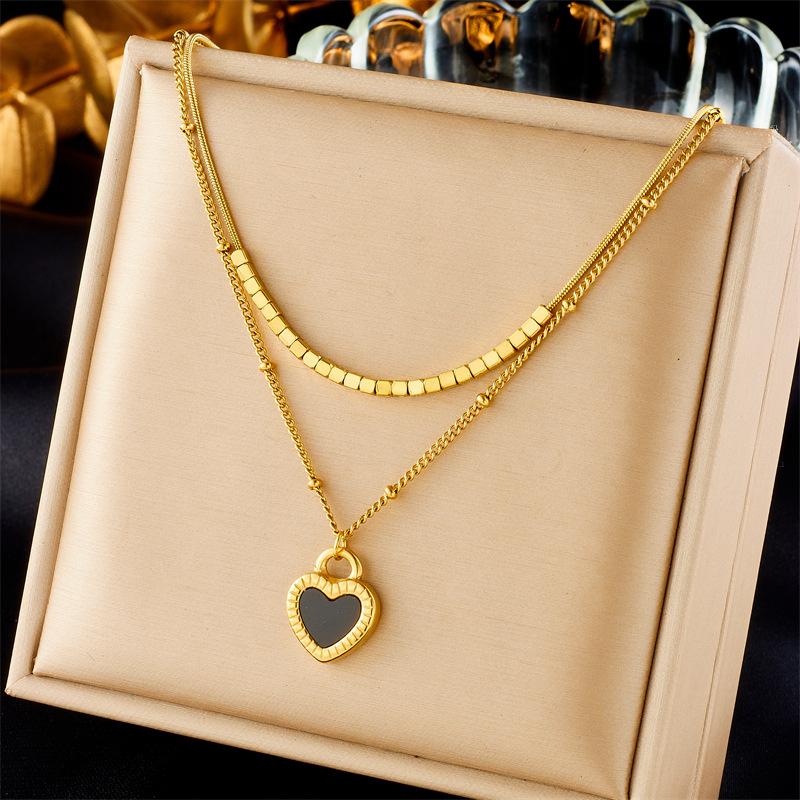 Fashion Minimalist Versatile Heart Gold Titanium Steel Double Layer Layered Chain Black White Love Pendant Necklace
