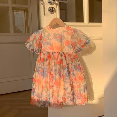 2025 Summer French Floral Puff Sleeve Princess Dress – Slim Fit, Round Neck, Short Sleeve Mesh Dress for Girls