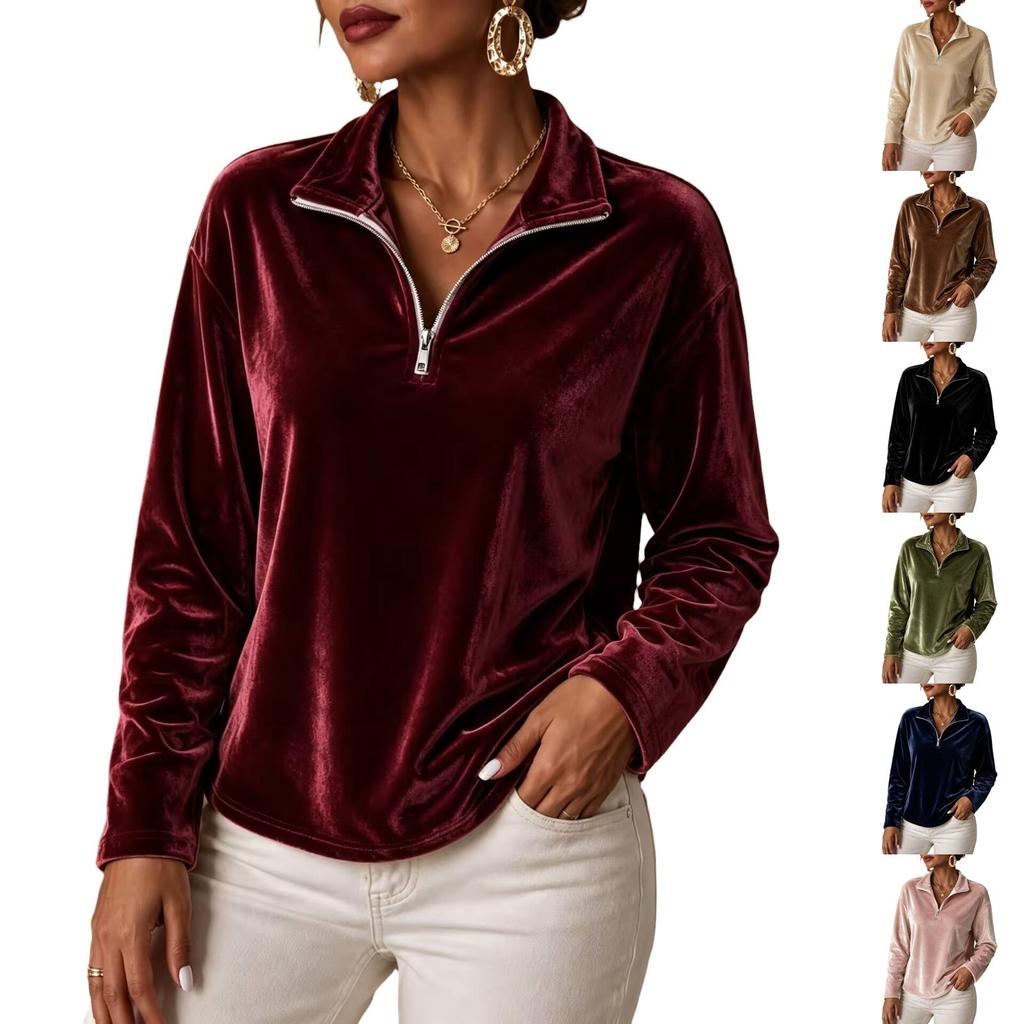 Women's Casual Long Sleeve Velvet Shirt with Half Zip and Stand Collar