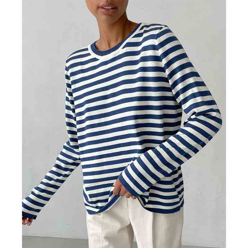 Women Striped Sweater Fashion Versatile Round Neck Long Sleeve Casual Knitted Pullover Tops