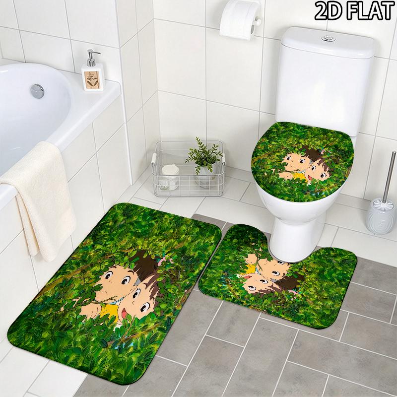 3pcs Ponyo2 Pattern Flannel Nonslip Absorbent Washable Decorative Bathroom Home Toilet Seat Cover Mat