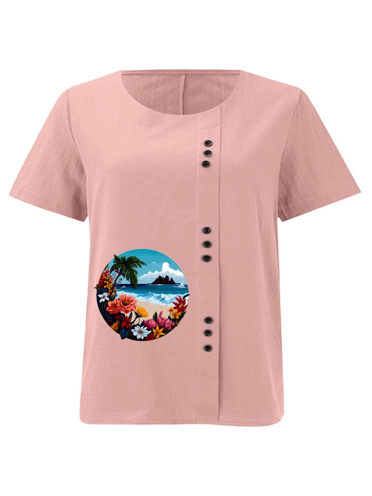 Women s Fashion Landscape Pattern Print Round Neck Short Sleeve T-shirt Summer Casual Cotton Linen Graphic Shirt Leisure Loose Blouse Tops S розовый