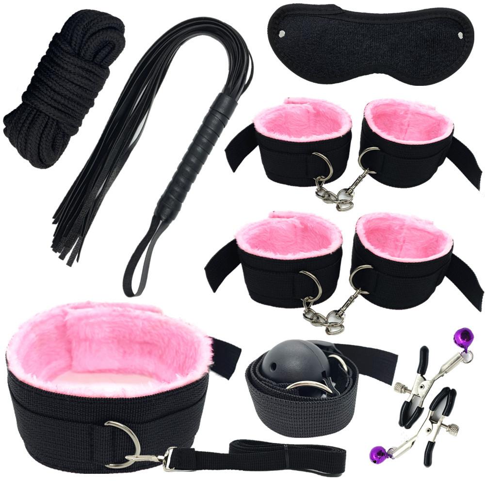 Sexy Nylon BDSM Kit Plush Sex Bondage Set Handcuffs Sex Game Whip Gag Nipple Clip Sex Toy