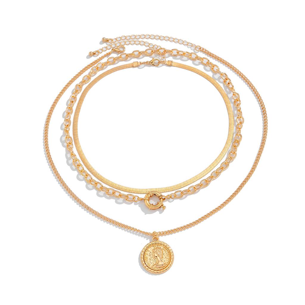 Retro Portrait Pendant Necklace Set, Fashionable Metal Snake Bone Chain Stacked With Collarbone Necklace.