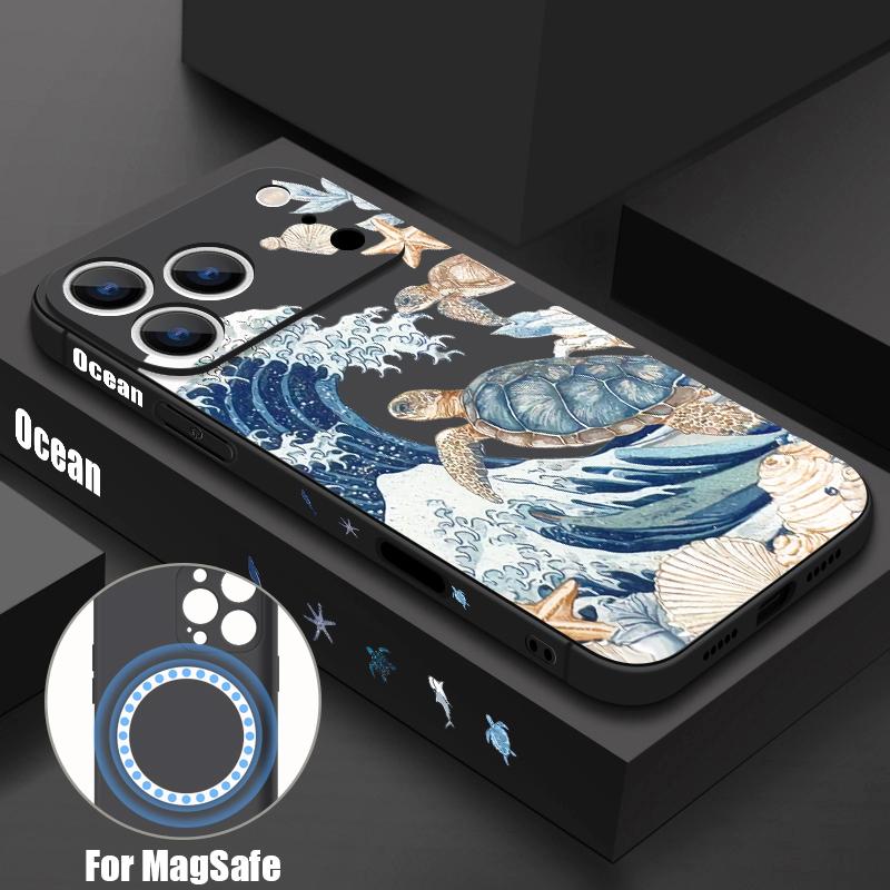 Magnetic For Magsafe Case For iPhone 17 Pro Max Ocean Wave Whales Pattern Soft Silicone Phone Back Cover For iPhone 16 15 14 13 Pro Max 16e 17e