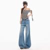 Spring Summer Vintage Blue Embroidery Relaxed Micro Flare Wide Leg Denim Pants For Ladies Casual Pants Oversize Denim Trousers