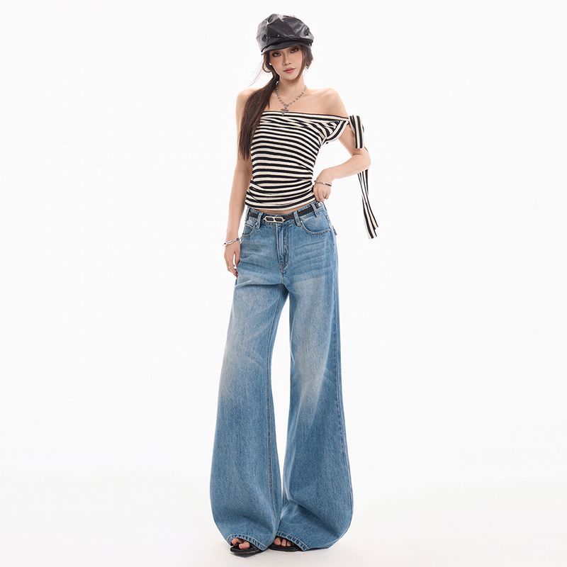 Spring Summer Vintage Blue Embroidery Relaxed Micro Flare Wide Leg Denim Pants For Ladies Casual Pants Oversize Denim Trousers