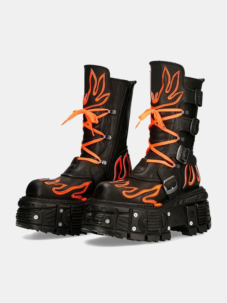 Women Punk Retro Fashion Boots Round Toe Thick Sole Lace Up Flats Boots 2025 Metal Decoration Leather Mid Calf Boots Hot Sale