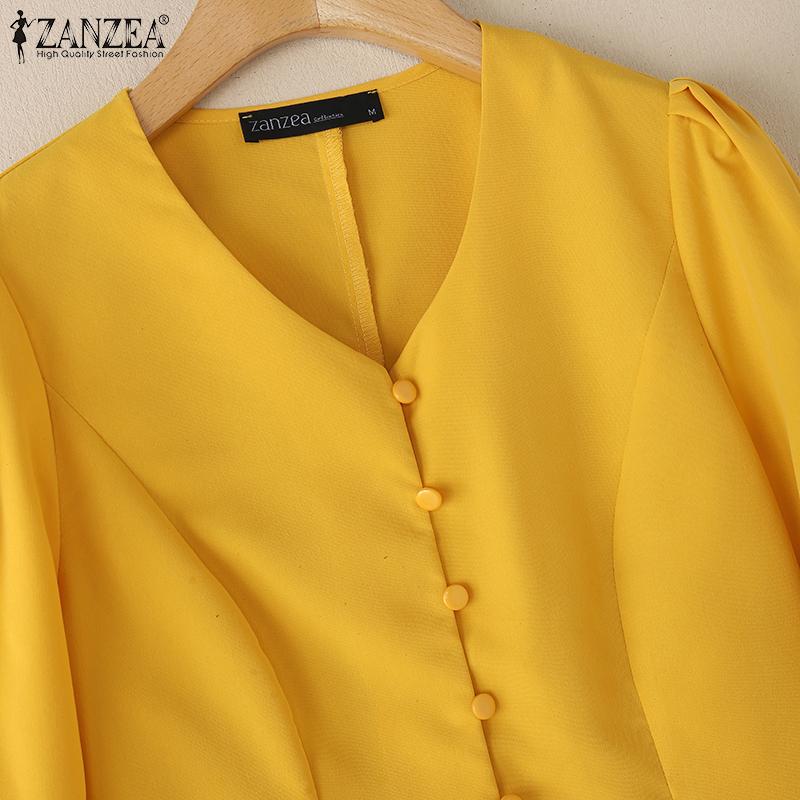 ZANZEA Blusa Holgada Casual de Verano con Cuello en V y Manga Acampanada 3/4 para Mujer