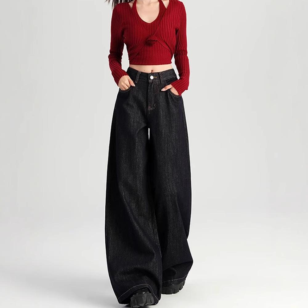 Damen 2024 Herbst Dunkelblaue High-Waist Wide-Leg Jeans - Bodenlang, Lockere Passform.