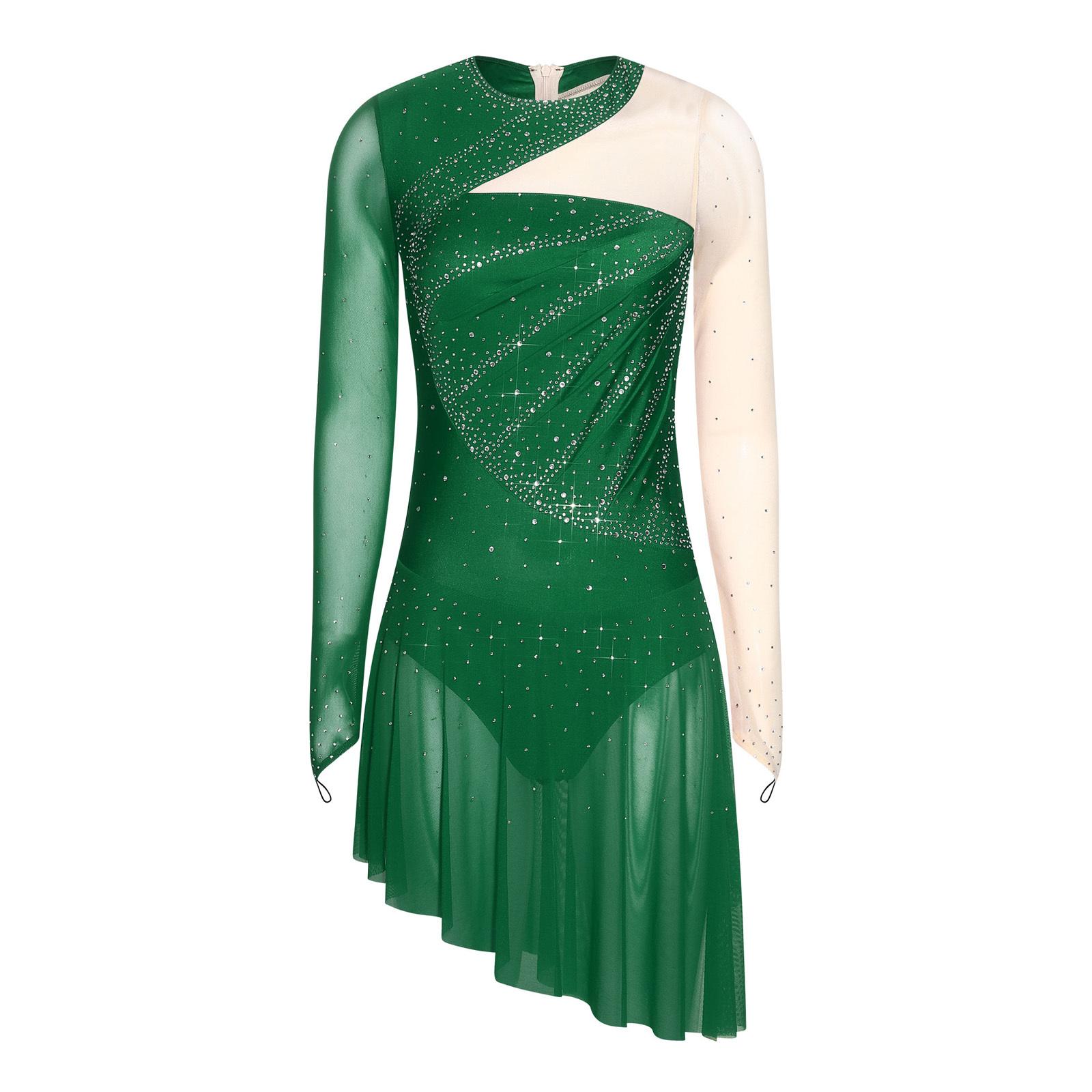 

Womens Figure Skating Costume Rhinestone Mesh Long Sleeve Chest Pleats Irregular Hem Bodysuit Dress S темно-зелений колір