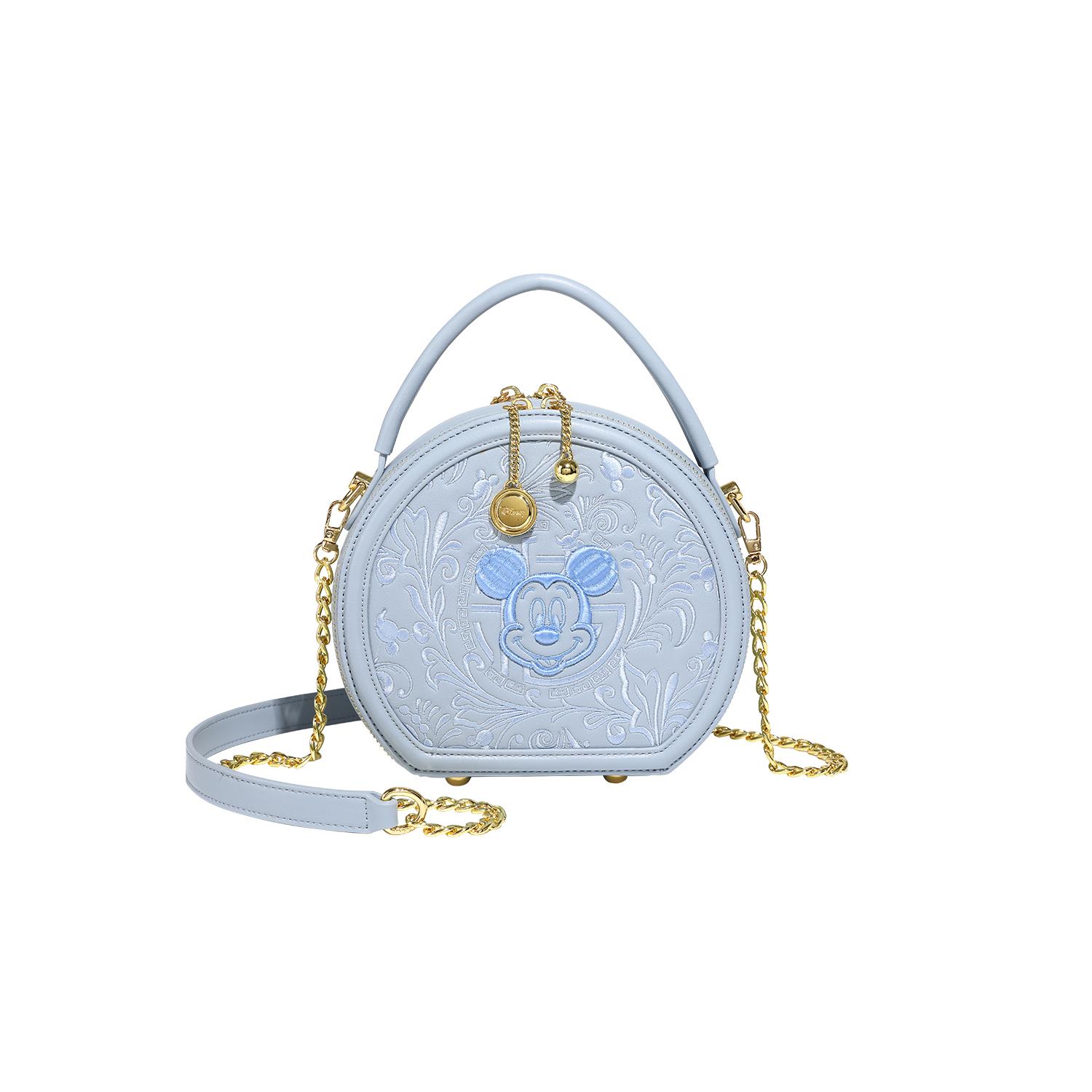 

New Disney Mickey Series PU Small Round Bag, One Shoulder Handbag Women s Sky Blue/Milk White BMK-71581L 19.1*8.9*17.0CM