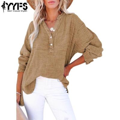 Women's Fashion Casual Spring Fall Solid Color Print Long Sleeve V-Neck Blouses & Shirts